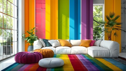 Modern interior room with colorful walls large windows and stylish furniture. Concept Minimalist Décor, Natural Lighting, Modern Furniture, Colorful Walls, Stylish Interiors
