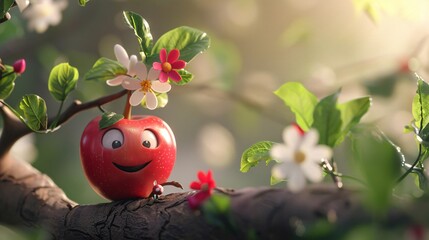 Graphic illustration of a red apple with eyes smiling standing on the branch of a tree with beautiful flowers on background