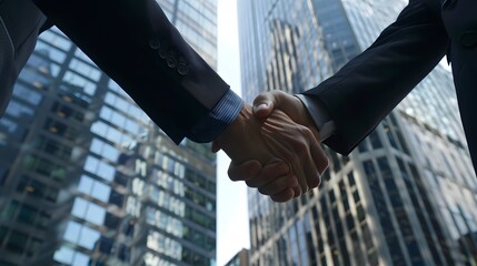 Corporate handshake detailed view of two business professionals in a moment of agreement skyscraper office background.