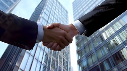 Corporate handshake detailed view of two business professionals in a moment of agreement skyscraper office background.