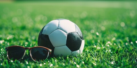 Close-up of a soccer ball with sunglasses on a meadow on a sunny summer day.