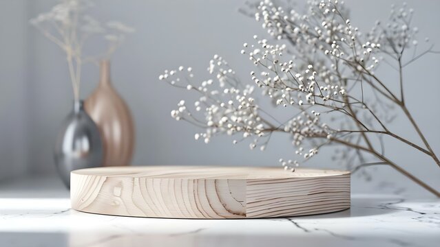 Wood podium on light grey background for ecofriendly product demonstrations and advertising. Concept Eco-Friendly Products, Wood Podium, Product Demonstrations, Advertising, Light Grey Background