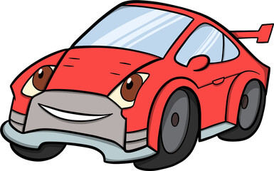 red cartoon car with a smiling face and a happy expression