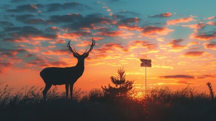 At sunset, a majestic deer stands silhouetted against the sky, with a gentle breeze lifting a futuristic animal banner nearby