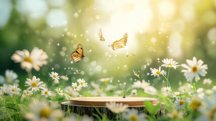 Circle Podium in cosmos flowers garden with butterfly in morning. Podium product with summer or spring background 