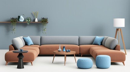 A brown couch sits in front of a wall with a gray background