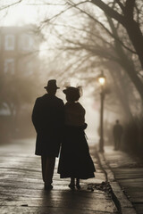Obraz premium Silhouette of a senior couple walking away in a foggy historical city street. Early morning dew. Dress, black suit, hat. Historical romance concept. Walking side by side.