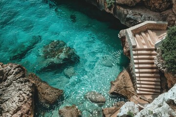 Crystal Clear Waters, Rock Pool, Stairs, Italian Beach Scene