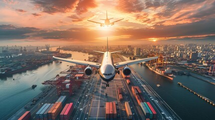 Business logistic import export and transport industry represented by a cargo plane flying across continents, Sharpen banner template with copy space on center
