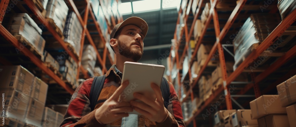 Poster stylish man posing for camera in a warehouse storeroom ready to ship orders while checking inventory