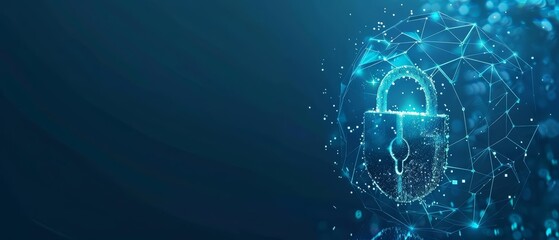 Creative digital polygonal open padlock hologram on blue background integrates security in business technology, Sharpen banner template with copy space on center