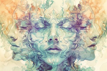 Compose a striking digital artwork combining Jungian archetypes with a skewed perspective view Infuse dream-like imagery with uncanny details