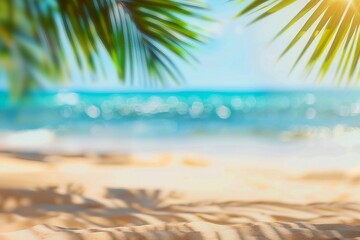 Holiday summer concept. Beach with sand and palm leaves in blur. generative ai.