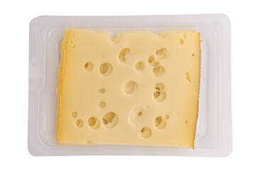 cheese slices isolated, sliced cheese in plastic package, pieces of sliced maasdam cheese laid out to create layout