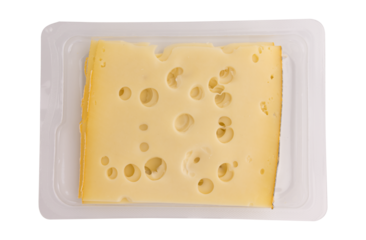 cheese slices isolated, sliced cheese in plastic package, pieces of sliced maasdam cheese laid out to create layout