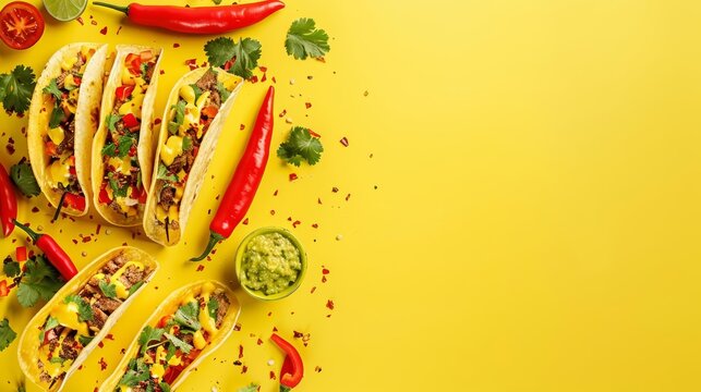 Creative food flat lay banner of a Mexican fiesta with tacos and guacamole, vibrant and inviting, with solid background and copy space on center for advertise