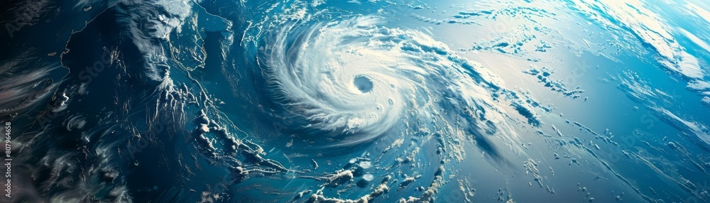 Wall mural Cyclone hurricane seen from space swirls majestically over the ocean, displaying the power of nature from above, Sharpen banner template with copy space on center