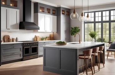 Fototapeta premium Bright and cozy kitchen interior with modern design and natural light and calm tones. 