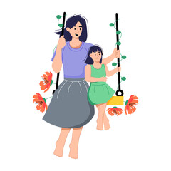 Check out flat illustration of swinging with daughter 