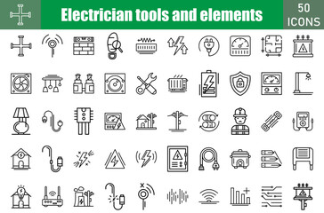 Electrician tools and element icon set. Containing Flashlight,Danger,Telephone Stock,Electric Meter,Swtich,Plug,Protect,Fuse,Capacitor,Fuse Box,Power Strip,
Insulating Tape and more. Vector web icons 