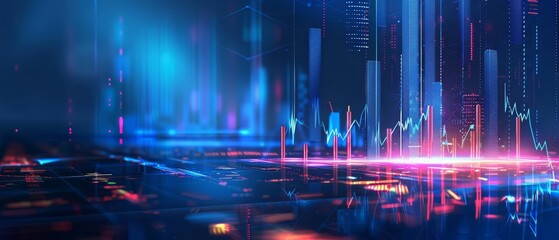 Economic growth concept is visualized with a glowing financial graph in the futuristic business research banner, Sharpen banner template with copy space on center
