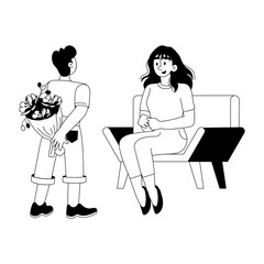 Premium glyph illustration of son surprising mother with flowers 