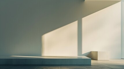 A minimalist composition of morning light casting sharp shadows and bright areas on a simple white wall, creating a play of light and absence