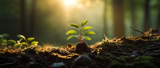 Radiant dawn illuminating a lush forest floor highlighting a single thriving plant symbolizing the birth of green technology in the ESG landscape.