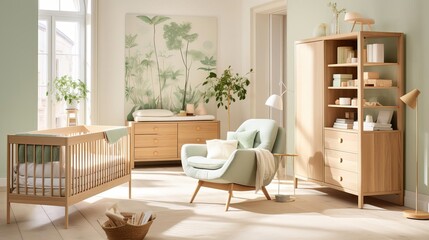 Present a nursery that combines the warmth of natural wood with the comfort of soft textiles enhanced by subtle botanical prints on the walls.