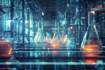 Explore the intricate graphic poster of a science lab filled with beakers and flasks