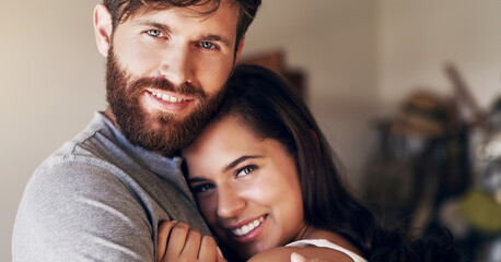 Couple, people and home in smile with hug on portrait, together and support for affection....