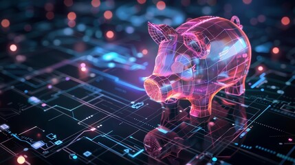 Featuring a digital illustration of a futuristic piggy bank