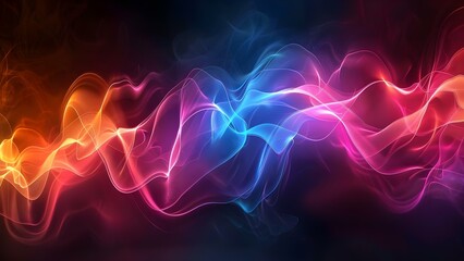 Fototapeta premium Neon holographic 3D wave design element on dark gradient background. Concept Neon, Holographic, 3D, Wave Design, Dark Gradient Background