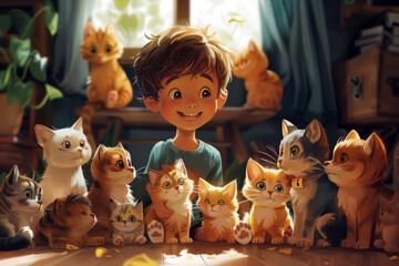 A Boy with a Lot of Cats
