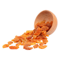 Olden raisins spilling out of a wooden bowl isolated transparent