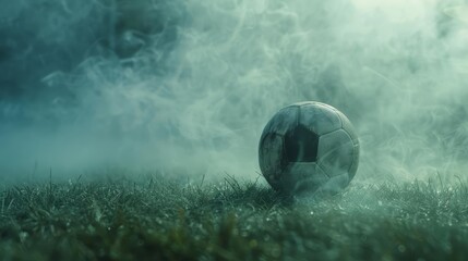 Football lies in the smoke on stadium grass, a sport background that captures the intensity of national sports day, Sharpen banner with space for text - obrazy, fototapety, plakaty