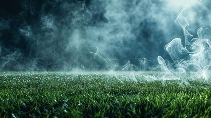 Football lies in the smoke on stadium grass, a sport background that captures the intensity of national sports day, Sharpen banner with space for text - obrazy, fototapety, plakaty