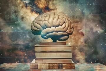 Gaze upon the conceptual art collage of a brain superimposed on books