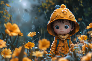 Sweet Cartoon-Like Girl Outside in the Rain