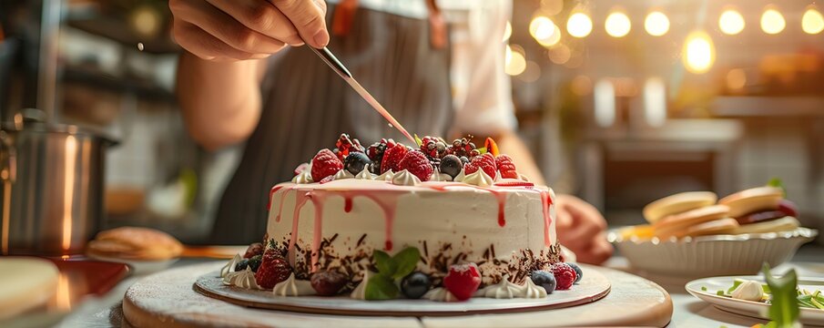 Dive into a virtual kitchen with a close-up view of a chefs hands expertly decorating a cake, utilizing dynamic camera angles to enhance the interactive culinary art experience