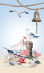 Watercolor greeting Card Sea Theme with Bell, Seagulls and Toy Ship on the Seashore