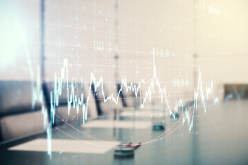 Abstract virtual financial graph hologram on a modern conference room background, forex and...