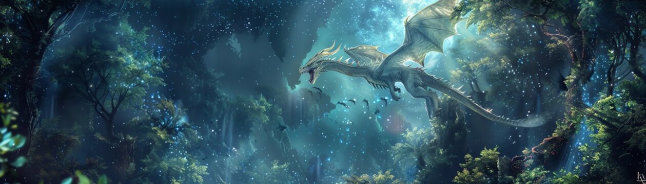 Embark on a journey with a majestic dragon soaring through an enchanted forest