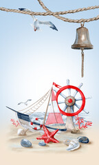 Greeting Card Sea Theme with Ropes and a Bell, Seagulls and Toy Ship and Steering Wheel