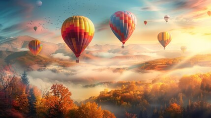 Hot air balloons float above a vibrant autumn landscape, painting the sky with color, Sharpen banner template with copy space on center