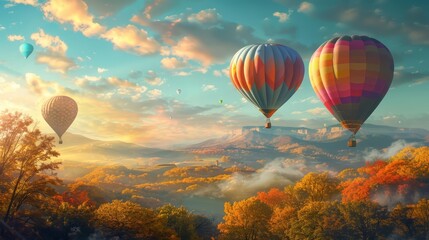 Naklejka premium Hot air balloons float above a vibrant autumn landscape, painting the sky with color, Sharpen banner template with copy space on center