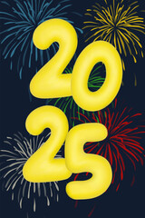 merry christmas and Happy New 2025 Year. vector illustration of 3d yellow numbers 2025 with firework. vertical Festive poster or banner design