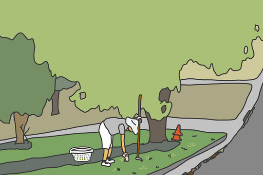 Woman holding hoe bending over to pick up weeds on green lawn on verge