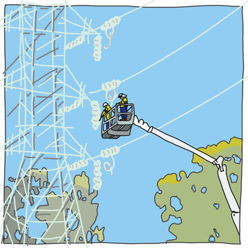 Two electricity workers in cherry picker carrying out maintenance on power lines