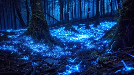 A surreal scene of bioluminescent plants emitting a soft blue glow in a darkened forest, creating a magical, luminescent landscape